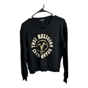 True Religion Women’s Black and Gold Cropped Graphic Sweatshirt in Size M